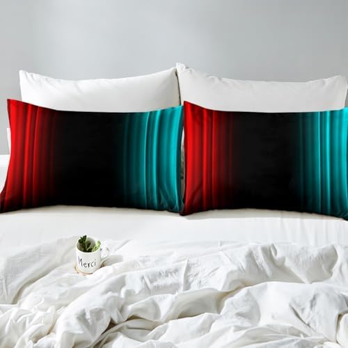 Feelyou Teens Abstract Ombre Decorations Bedding Set for Kids Women Red Teal and Black Bed Sheets Set Geometric Modern Fitted Sheet Sets Room 4Pcs King Size
