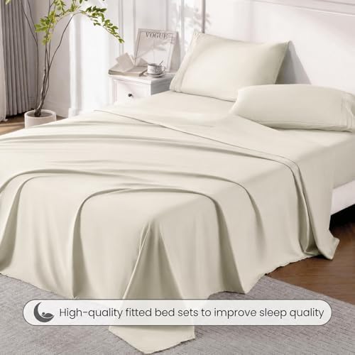 ROSE&RISY Light Beige Queen Sheet Set, 4 Pcs Soft Bedding Queen Sheet Set, Breathable and Cooling Sheet Bed Set, Includes 1 Fitted Sheet, 1 Flat Sheet, 2 Pillowcases - Deep Pocket (Light Beige, Queen)