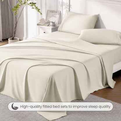 ROSE&RISY Light Beige Queen Sheet Set, 4 Pcs Soft Bedding Queen Sheet Set, Breathable and Cooling Sheet Bed Set, Includes 1 Fitted Sheet, 1 Flat Sheet, 2 Pillowcases - Deep Pocket (Light Beige, Queen)