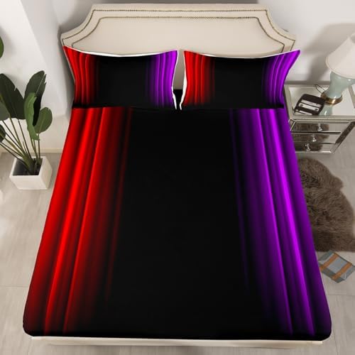 Feelyou Teens Abstract Ombre Decorations Bedding Set for Kids Women Red Purple and Black Bed Sheets Set Geometric Modern Fitted Sheet Sets Room 4Pcs Full Size