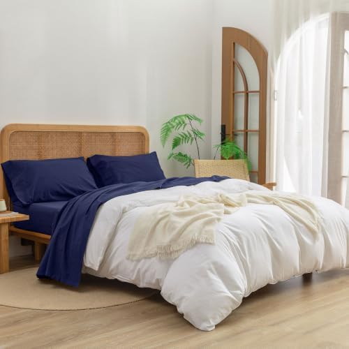 BESTOUCH Sheet Set 100% Washed Cotton Linen Feel Super Soft Comfortable Chic Lightweight 4 Pcs Home Bedding Set Solid Navy Blue Queen