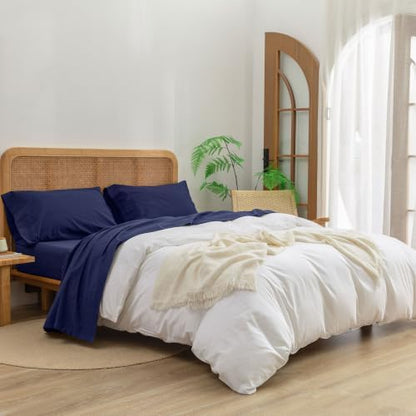 BESTOUCH Sheet Set 100% Washed Cotton Linen Feel Super Soft Comfortable Chic Lightweight 4 Pcs Home Bedding Set Solid Navy Blue Queen