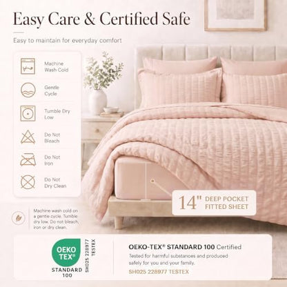 CozyLux Oversized King Comforter Set 120x98, 7-Piece Blush Pink Seersucker