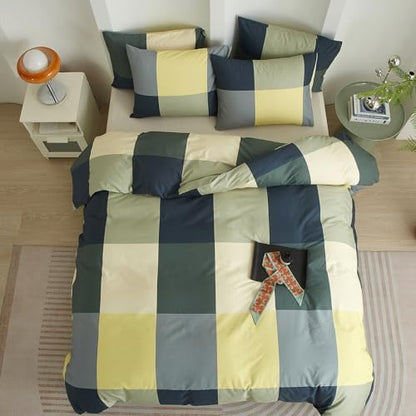 mixinni Queen Comforter Set Men Boys Geometric Checkered Plaid Printed Bedding Comforter for All Season Soft Lightweight Bedding Set-(Queen Size, Green,Yellow,Khaki)