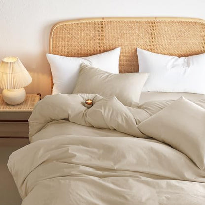 Wake In Cloud - Cotton Duvet Cover Set, 100% Washed Cotton, Linen Like Textured, Breathable Durable Comfy Farmhouse Neutral Bedding Set, 3 Pieces, Khaki Linen, Twin/Twin XL Size