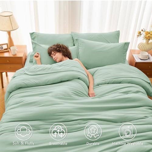 MUXHOMO 7 Pieces King Comforter Set, Soft Bed in a Bag King Size, All Season Bedding Set with Comforter, Flat Sheet, Fitted Sheet, Pillowcases & Shams, Sage Green