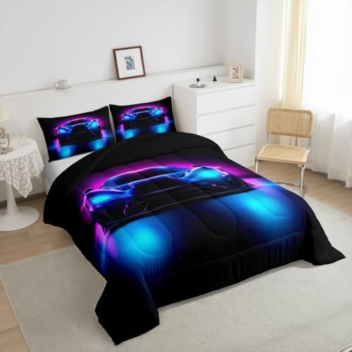 Erosebridal Boys Race Car King Size Bedding Set Kids Racing Car Comforter Extreme Sport Gaming Comforter Set for Boys Cool Car Room Decor Car Sports Quilt Set with 2 Pillowcases,Purple Blue and Black