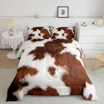 Erosebridal Cowhide Bedding Sets Western Farm Animal Comforter Set Full,Brown White Cow Print Bedding Comforter Set for Kids Boys Girls Teens,Rustic Farmhouse Cow Fur Quilt Duvet Set 2 Pillow Cases