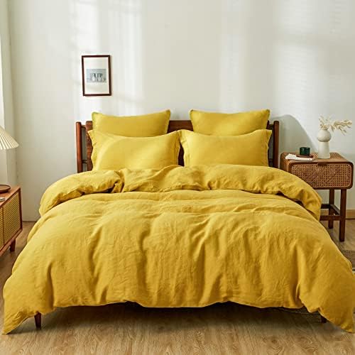 Simple&Opulence 100% Linen Duvet Cover Set 3pcs Basic Style Natural French Washed Flax Solid Color Soft Breathable Farmhouse Bedding with Button Closure - Mustard Yellow, Queen