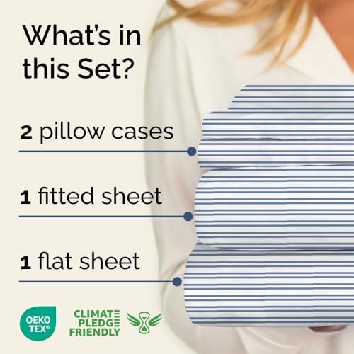 King 4 Piece Striped Sheet Set - Breathable & Cooling - Blue Double Stripes