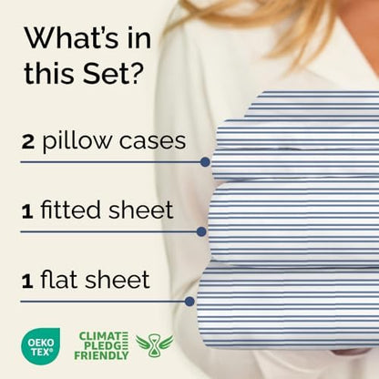 King 4 Piece Striped Sheet Set - Breathable & Cooling - Blue Double Stripes