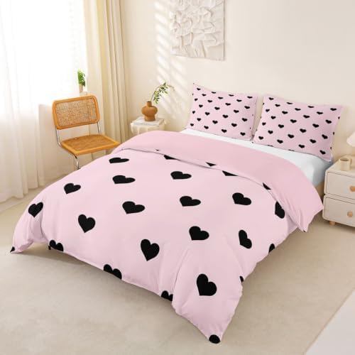 Pink Duvet Cover Queen Size Love Heart Bedding Set for Kids Girls Women, Pink and Black Love Pattern Comforter Cover Soft Breathable All Season Cute Kawaii Girly Bed Set Room Bedroom Decor