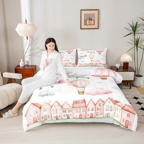 Erosebridal Cartoon Airplane King Size Comforter Set, Pink Aircraft Bedding Set for Girls Kids Teens Youth Women Bedroom, Cute Cat Pink Hot Air Balloon Comforter, Colorful Cloud Duvet Insert