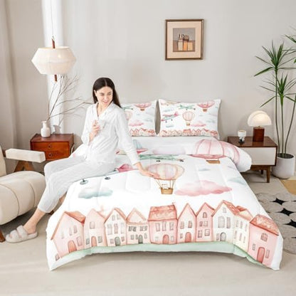 Erosebridal Cartoon Airplane King Size Comforter Set, Pink Aircraft Bedding Set for Girls Kids Teens Youth Women Bedroom, Cute Cat Pink Hot Air Balloon Comforter, Colorful Cloud Duvet Insert