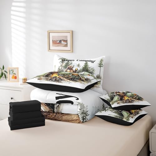Erosebridal 7 Piece RV Bunk Twin Bedding Set for Camper,Camping Bear Themed Comforter Set for Kids Boys Girls,Travel Trailer Tent Decor Woodland Forest Animals Bed Set with Sheets,Pillowcases