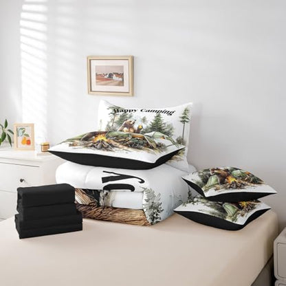 Erosebridal 7 Piece RV Bunk Twin Bedding Set for Camper,Camping Bear Themed Comforter Set for Kids Boys Girls,Travel Trailer Tent Decor Woodland Forest Animals Bed Set with Sheets,Pillowcases