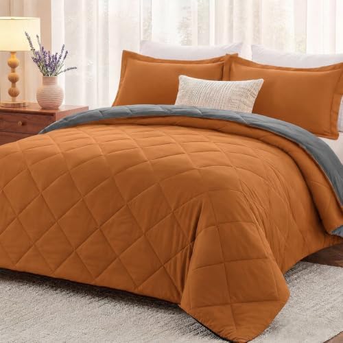 downluxe King Comforter Set Soft Reversible 3 Pieces, Burnt Orange/Grey