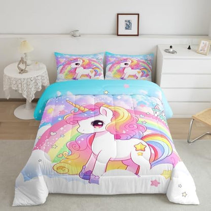 Manfei Cute Unicorn Kids Comforter Set Twin Size,Rainbow Stars Cloud Dreamy Bedding Set,Girls Women Room Decor,Cartoon Animals Castle Girly Down Comforter,Pink Blue Unique Duvet Insert,1 Pillowcase