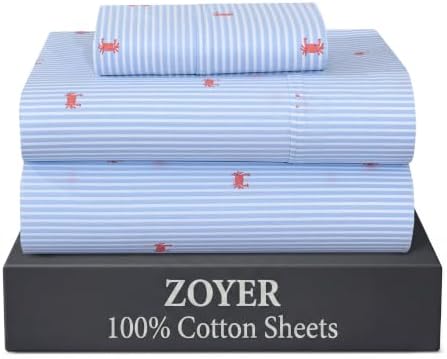 ZOYER 100% Cotton Sheets – Twin XL Size Percale Bedding, Cooling & Breathable, Durable with a Crisp, Soft & Comfortable Feel, 16" Deep Pocket, 3-Piece Set, Crab Stripe