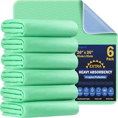 Fygrip 6 Pack 36” x 36” Extra Heavy Absorbency Washable Underpads Bed Pads