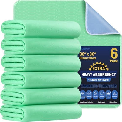 Fygrip 6 Pack 36” x 36” Extra Heavy Absorbency Washable Underpads Bed Pads