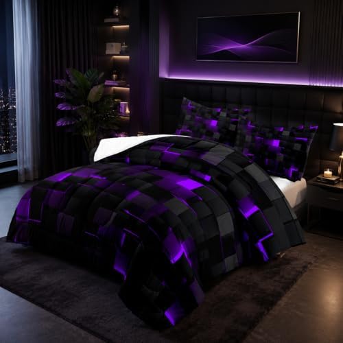 Geometric Violet Black Comforter Set,Light Honeycomb 3 Piece Bedding Set Queen Size for Teen Boys,Modern Bedding Quilt Set Geometry Decor,Microfiber Lightweight 1 Comforter 2 Pillowcases All Season