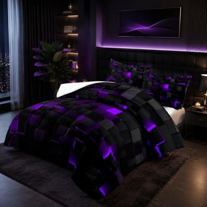 Geometric Violet Black Comforter Set,Light Honeycomb 3 Piece Bedding Set King Size for Teen Boys,Modern Bedding Quilt Set Geometry Decor,Microfiber Lightweight 1 Comforter 2 Pillowcases All Season