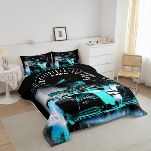 Feelyou Sports Car Bedding Set Formula Race Car Comforter Set for Kids Boys Girls Extreme Sports Theme Comforter Cool Speed Teal Blue Decor Quilt Set Bedroom Collection 3Pcs Queen Size