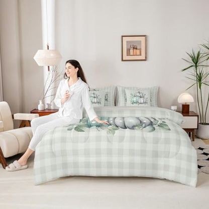 Erosebridal Thanksgiving Day 7 Piece Bedding Set King Fall Pumpkins Comforter Set with Sheets Autum Leaves Bed in a Bag Polka Dots Natural Bed Sets Comforter