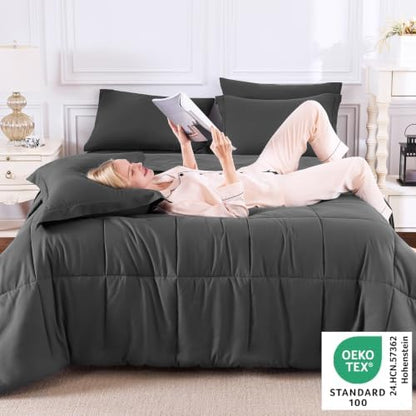 CozyLux Full Size Comforter Sets, 7-Piece Bed in a Bag, Dark Grey