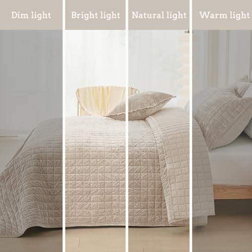 Quilt Set Oversized King Size 120x120 Luxurious Velvet Bedding Sets with 2 Pillow Shams 20x36 3 Pieces Ultra Soft Quilted Bedspread Coverlet Comforter for All Season,Beige
