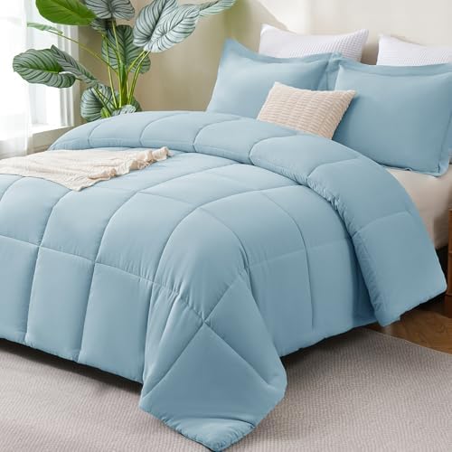 CozyLux King Size Comforter Set, 3-Piece Box-Stitched, Light Blue