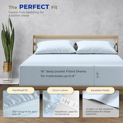 THREAD SPREAD Twin XL Size Bed Sheets Set, Luxury 1000 Series 100% Egyptian Cotton Sheets Twin XL Size (3 PC, Light Blue), Silky Soft, Cooling, Sateen Weave, 16" Deep Pocket Hotel Quality Sheet Set