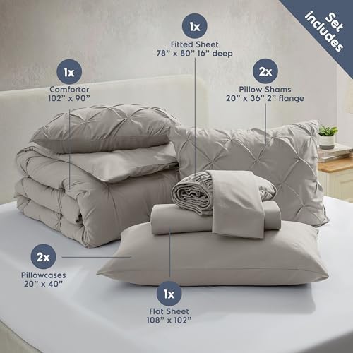 Nestl 9 Piece King Comforter Set – Linen Pinch Pleated Bed in a Bag – Complete King Size Bedding Set with Sheets, Set of 2 Cooling Pillows, Pillowcases and Shams