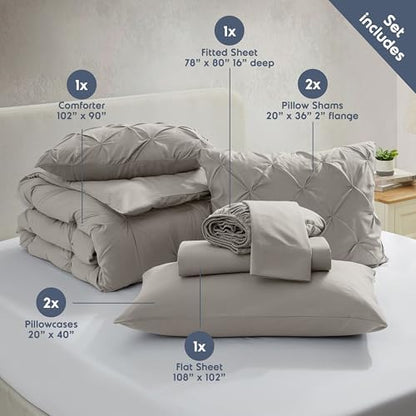 Nestl 9 Piece King Comforter Set – Linen Pinch Pleated Bed in a Bag – Complete King Size Bedding Set with Sheets, Set of 2 Cooling Pillows, Pillowcases and Shams