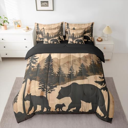 Rustic Bear 7 Pcs Bedding Set King Size,Hunting Cabin Lodge Bed in a Bag,Watercolor Mountain Trees Bed Set Includes Comforter,Sheet Set,Pillowcases & Pillow Covers,Wooden Plank Farmhouse Bedroom Decor