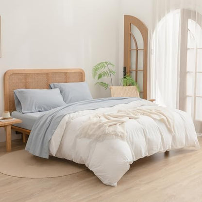 BESTOUCH Cal King Washed Cotton Linen Feel Sheet Set 4 Pcs Cornflower Blue