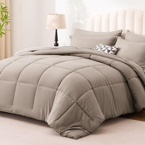 Love's cabin King Size Comforter Set Light Brown, 7 Pieces King Bed in a Bag, All Season Bedding Sets with 1 Comforter, 1 Flat Sheet, 1 Fitted Sheet, 2 Pillowcase and 2 Pillow Sham