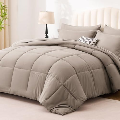 Love's cabin Queen Comforter Set Light Brown, 7 Pieces Queen Bed in a Bag, All Season Bedding Sets with 1 Comforter, 1 Flat Sheet, 1 Fitted Sheet, 2 Pillowcase and 2 Pillow Sham