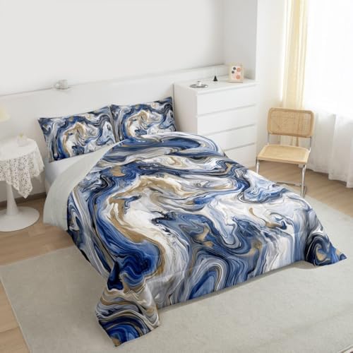 jejeloiu Blue Gray Gold Marble Bedding Set Soft for Boys Girls, Modern Marble Aesthetic Comforter Set Full Size Retro Watercolor Duvet Quilt Abstract Texture Bedroom Decor 3 Pcs with 2 Pillow Cases