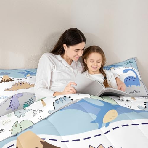 Castle Fairy Kids Dinosaur Comforter Set,Cute Wildlife Animal Down Alternative Chid Bedroom Decor,Cartoon Jungle Dino Ultra Soft Microfiber Inner Fill 3Pcs Double Sides Print Bedding Queen Size