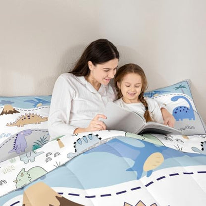 Castle Fairy Kids Dinosaur Comforter Set,Cute Wildlife Animal Down Alternative Chid Bedroom Decor,Cartoon Jungle Dino Ultra Soft Microfiber Inner Fill 3Pcs Double Sides Print Bedding Queen Size