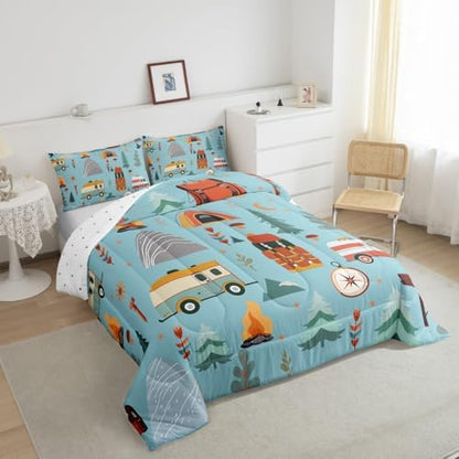 Feelyou Happy Camping Comforter Set for Kids Boys Girls Full Size Outdoor Themed Bedding Set Soft Travel Bag Tent Print Duvet Quilt Travel Trailers Comforter Camping Gifts Duvet Quilt