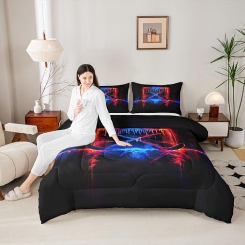 jejeloiu Ice Hockey Bedding Set Soft for Boys Girls, Ice Sports Games Comforter Set Full Size Hockey Player Duvet Quilt Microfiber Winter Sports Bedroom Decor 3 Pcs with 2 Pillow Cases