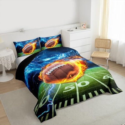 American Football Comforter Set King Size Lightning and Flame 3D Football Field Quilt Set 3Pcs Kids Boys Fashion Teens Room Decor Sports Games Duvet Insert, 2 Pillowcase