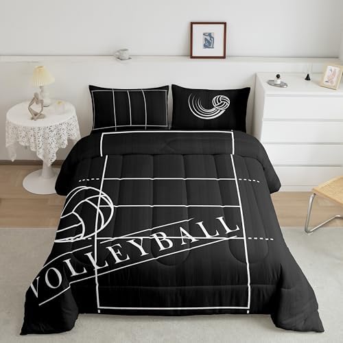 Erosebridal Volleyball Print Comforter King for Kids Boys Ball Game Bedding Set, Sport Themed Down Comforter Volleyball Court Bed Set, Black and White Quilted Duvet Reversible 3pcs