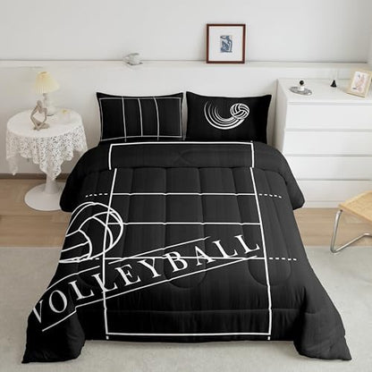 Erosebridal Volleyball Print Comforter Set Twin for Kids Boys Ball Game Bedding Set, Sport Themed Bedding Comforter Sets Volleyball Court Duvet, Black and White Quilted Comforter Reversible 3pcs