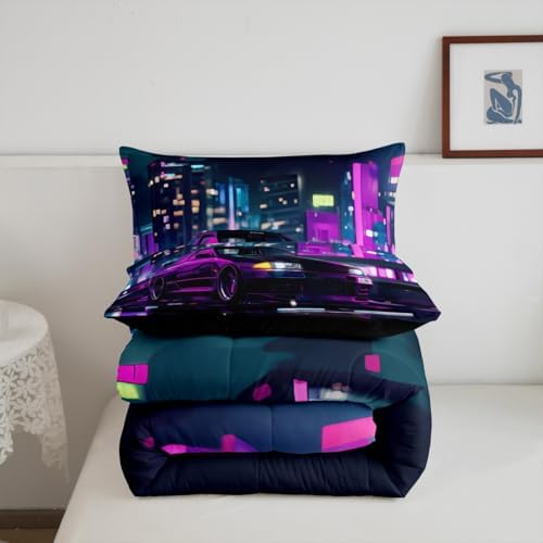 Erosebridal Neon Purple Car Twin Comforter Set for Kids Boys Girls,Cool Race Car Bedding Set,Extreme Sports Gaming Duvet Insert,City Night Scene Bed Set for All Season