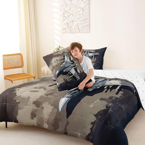 Erosebridal Military Fighter Plane Comforter Set Queen Camouflage Aircraft Bedding Set Warplane Aviation Comforter for Kids Boys Girls Airplane Aviation Enthusiast Quilt Duvet
