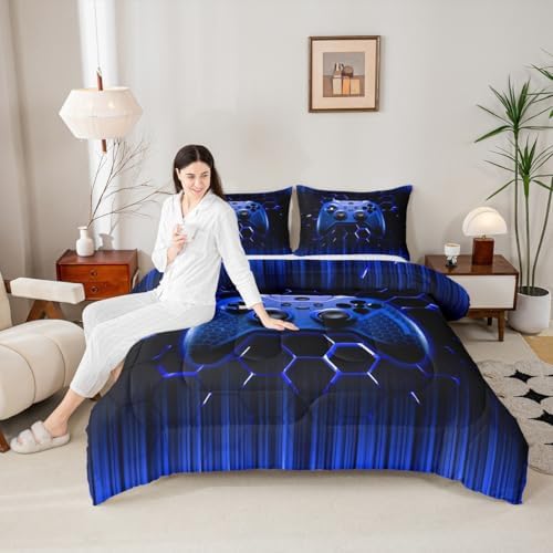 Manfei Honeycomb Gamepad Comforter Set Queen Size, Blue Geometric Reversible Bedding Set 3pcs for Kids Boy Game Room Decor, Modern Gamer Down Comforter Modern Gaming Quilt Set with 2 Pillowcases